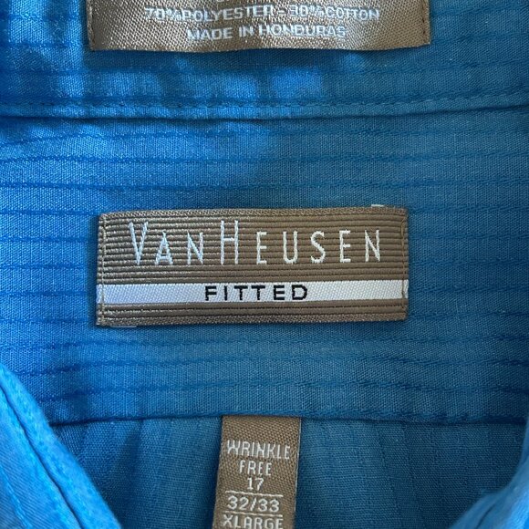 Van Heusen Mens Fitted Satin Stripe 70% Poly 30% Cotton Ocean Blue Dress Shirt - Picture 5 of 13
